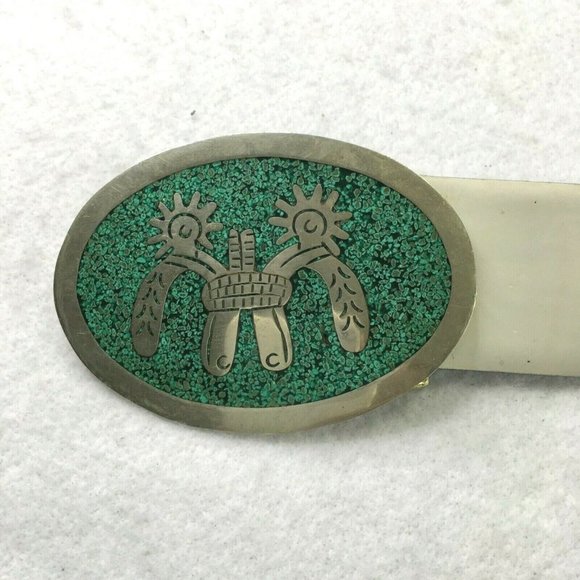 Aztec Silver Turquoise Inlay Belt Womens Size 38  Oval Buckle Mayan Mexico VTG - Picture 1 of 7